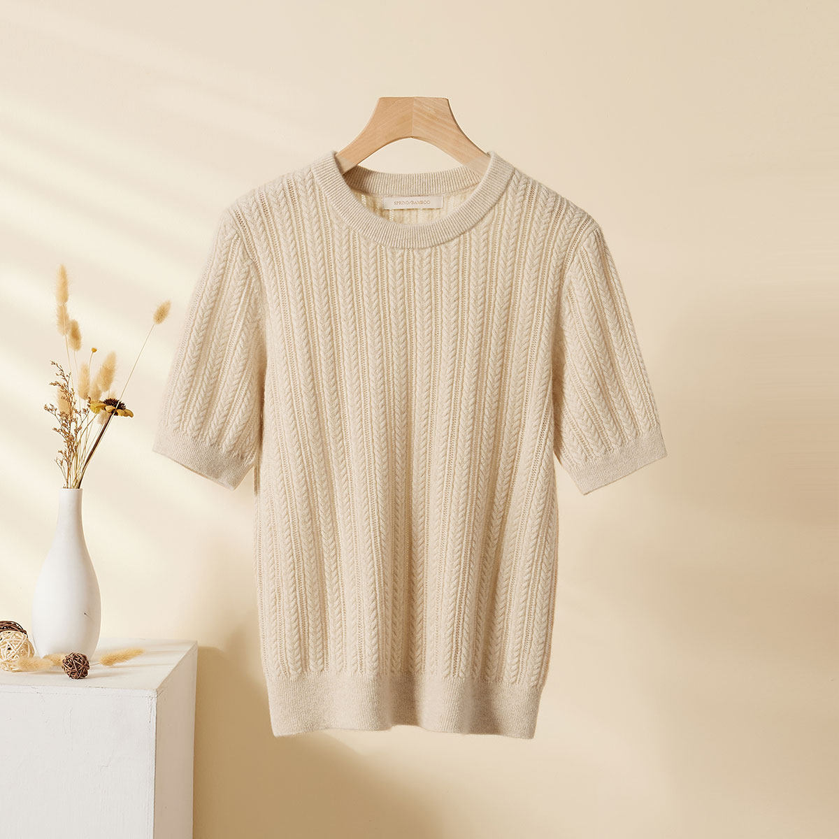 春竹早春新款圆领麻花镂空圆点短袖纯色T恤宽松针织亲肤打底衫女