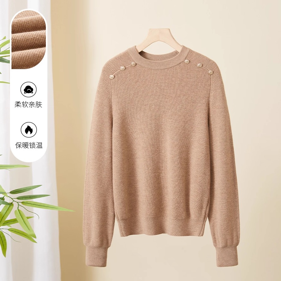 春竹秋季新款12针100%棉羊毛圆领毛衣减龄洋气高级感女士针织衫