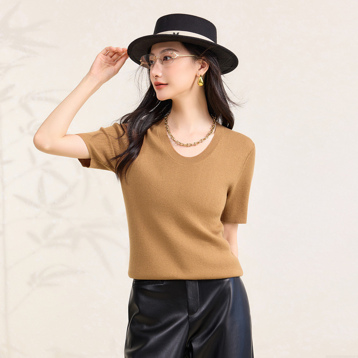 春竹羊绒羊毛混纺25秋季新款U型领修身洋气减龄女薄款短袖针织衫
