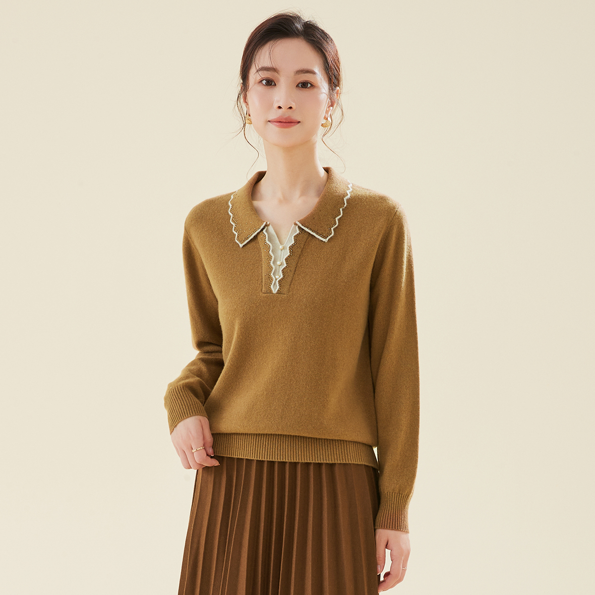 春竹2025秋冬新款绵羊毛上衣小翻领女套衫毛衣时尚百搭针织打底衫