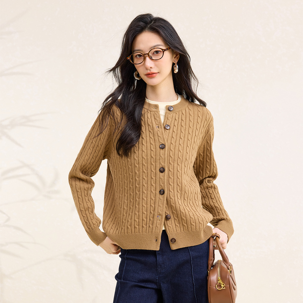 春竹美丽诺100%羊毛秋冬新款圆领绞花加厚保暖羊毛外套女针织开衫