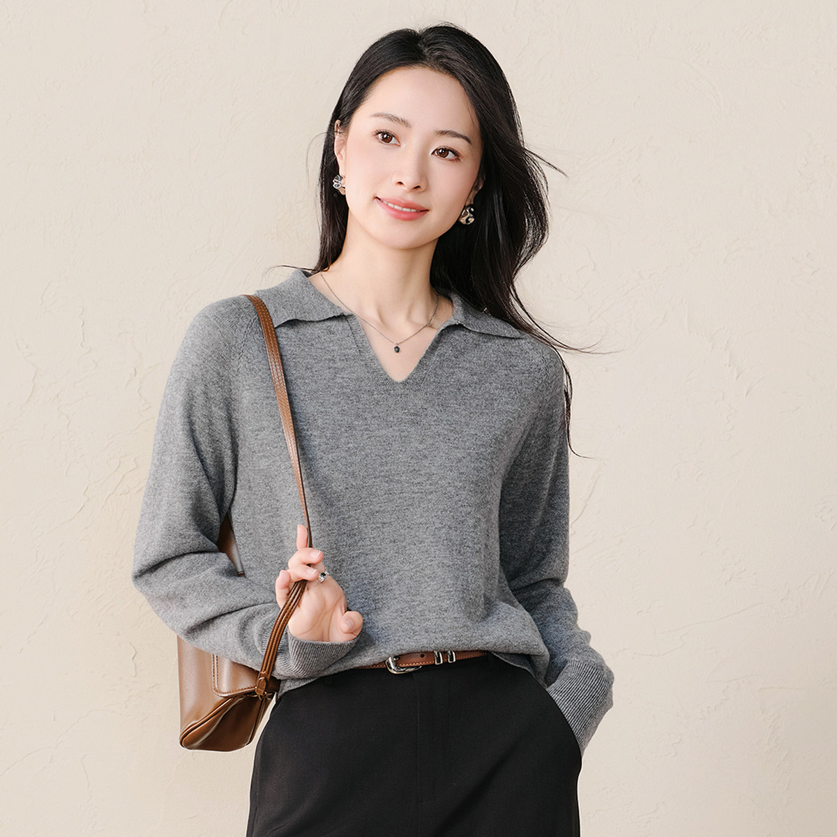 春竹100%绵羊毛26春季新款翻领纯色气质优雅百搭针织衫女羊毛衫衫