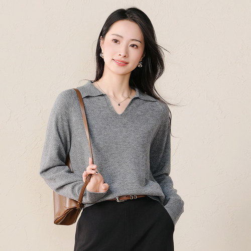 春竹100%绵羊毛翻领纯色女针织衫