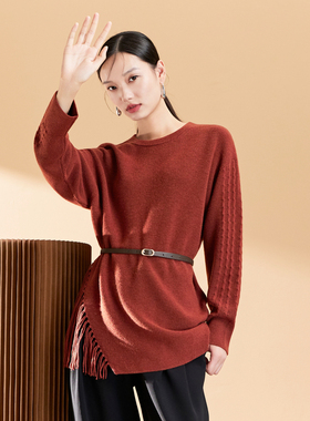 春竹2025秋冬新款圆领羊毛宽中长款针织保暖套头毛衣女-WSC231058