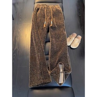 特大码300斤咖色条纹灯芯绒针织秋冬裤子男款垂感休闲卫裤直筒裤2