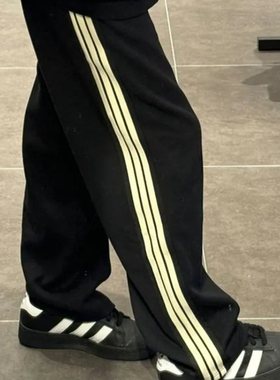 大码男装300斤复古黑色三条杠裤子宽松bf慵懒风休闲运动裤直筒裤2