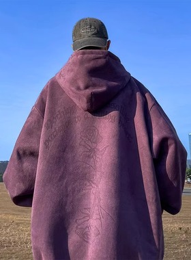 特大码300斤重磅麂皮绒紫色加厚连帽卫衣男装秋冬上衣服宽松外套2