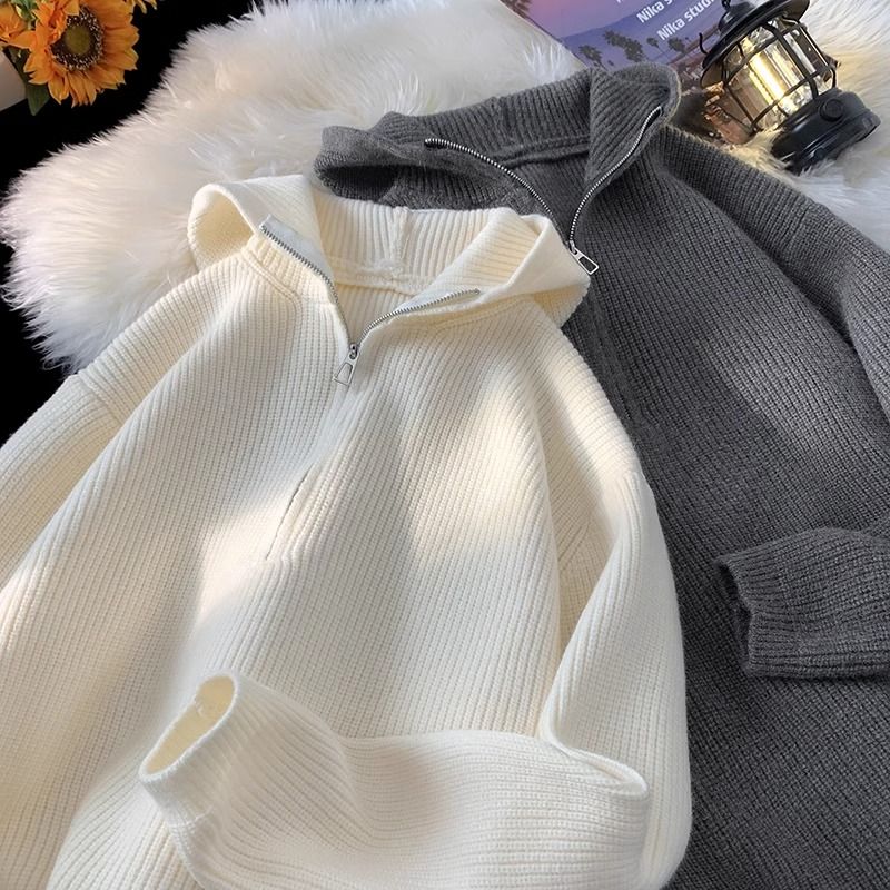 秋冬纯色半拉链连帽外套宽松男女