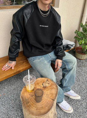 特大码300斤男装拼接PU皮袖卫衣