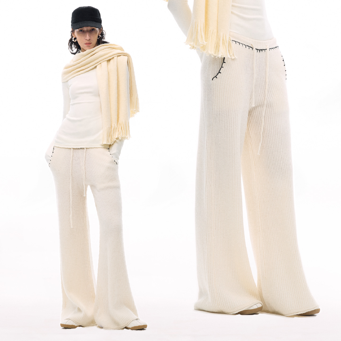 ISSIofficial*「Cozyvibe」100%羊毛螺纹编织装饰纯羊毛阔腿裤