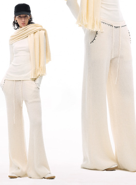 ISSIofficial*「Cozyvibe」100%羊毛螺纹编织装饰纯羊毛阔腿裤