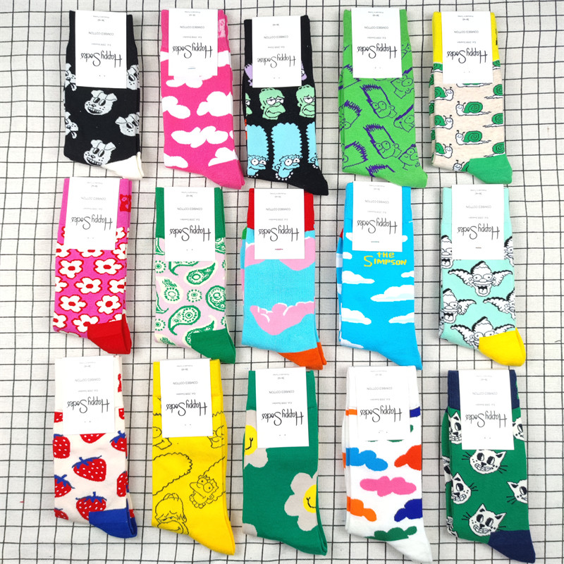 新品happysocks瑞典潮牌彩色艺术提花中筒袜甜美纯棉女袜子
