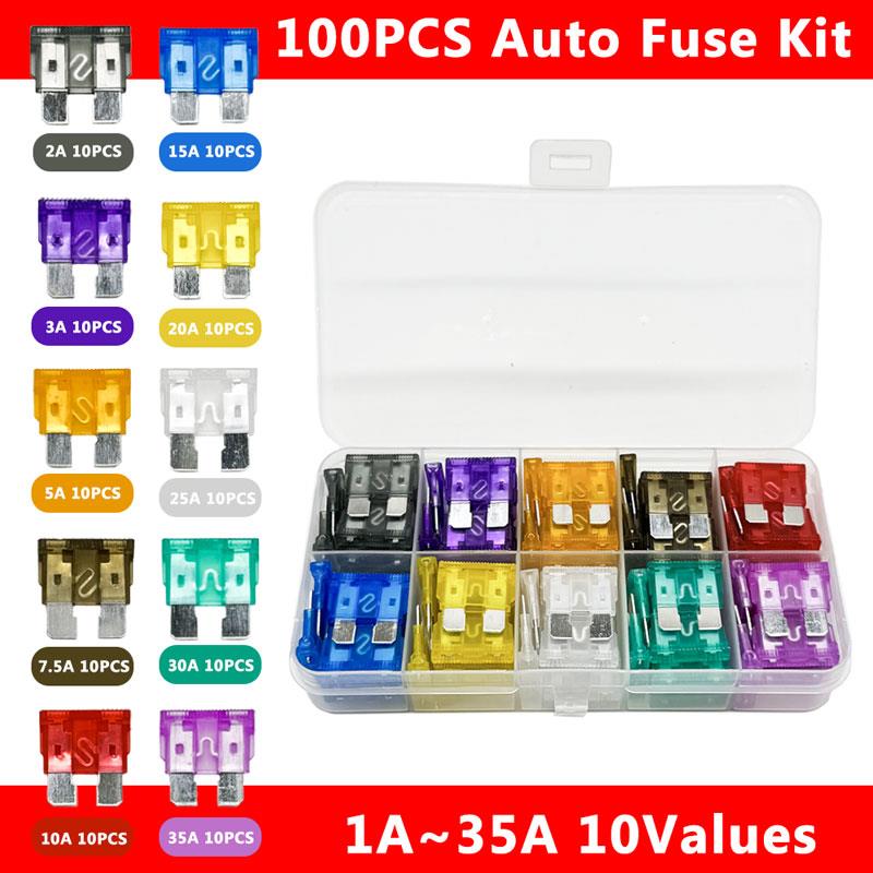 100PCS 2A-35A中号汽车保险丝 10种规格点火器大灯空调保险管插片