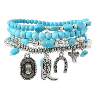 西部牛仔手链马蹄铁仙人掌牛仔帽绿松石串珠弹力手串 Bracelet