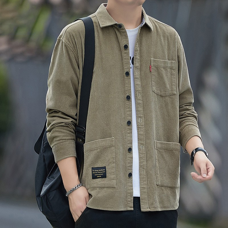 新款纯棉灯芯绒长袖衬衫男士秋冬季港风休闲工装全棉衬衣外套上衣