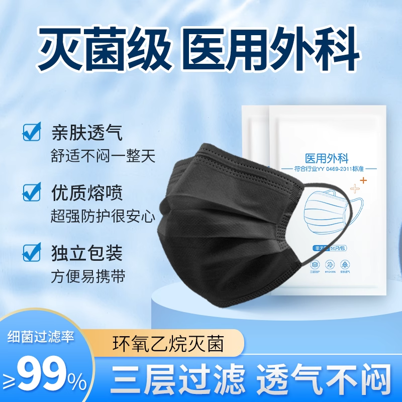 黑色医用外科口罩透气易呼吸