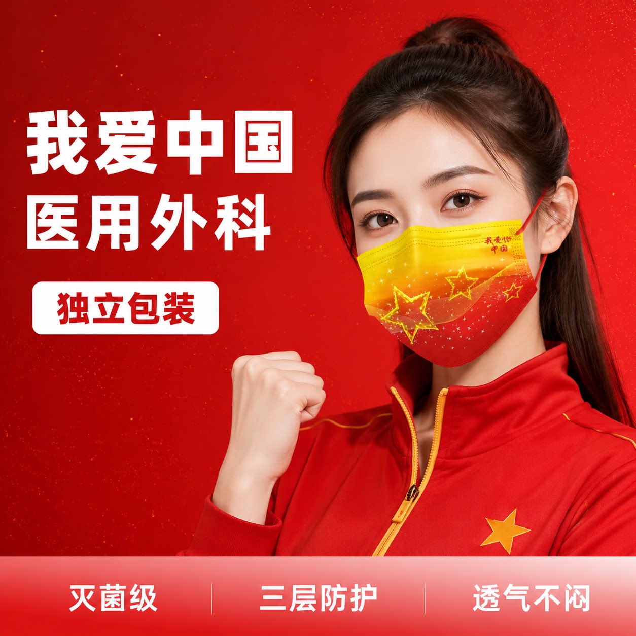 中国红三层防护医用外科口罩图片