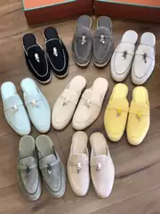 Spring and Summer Genuine Leather Lp Toe-Toe Slippers Flats-Soled Half-Slippers Casual and Comfortable Slip-On Slip-Ons Loaf Women's Shoes