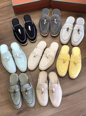 春夏季真皮lP包头拖鞋平底半拖休闲舒适一脚蹬懒人鞋乐福女鞋