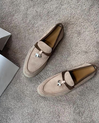 英伦l升级圆头软底里外真皮绒面休闲一脚蹬通勤羊皮平底乐福鞋女