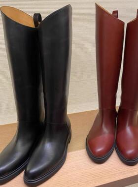 外贸原单L靴子2023新款真皮不规则斜口厚底骑士靴女圆头过膝长靴