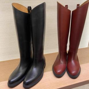外贸原单L靴子2023新款 真皮不规则斜口厚底骑士靴女圆头过膝长靴