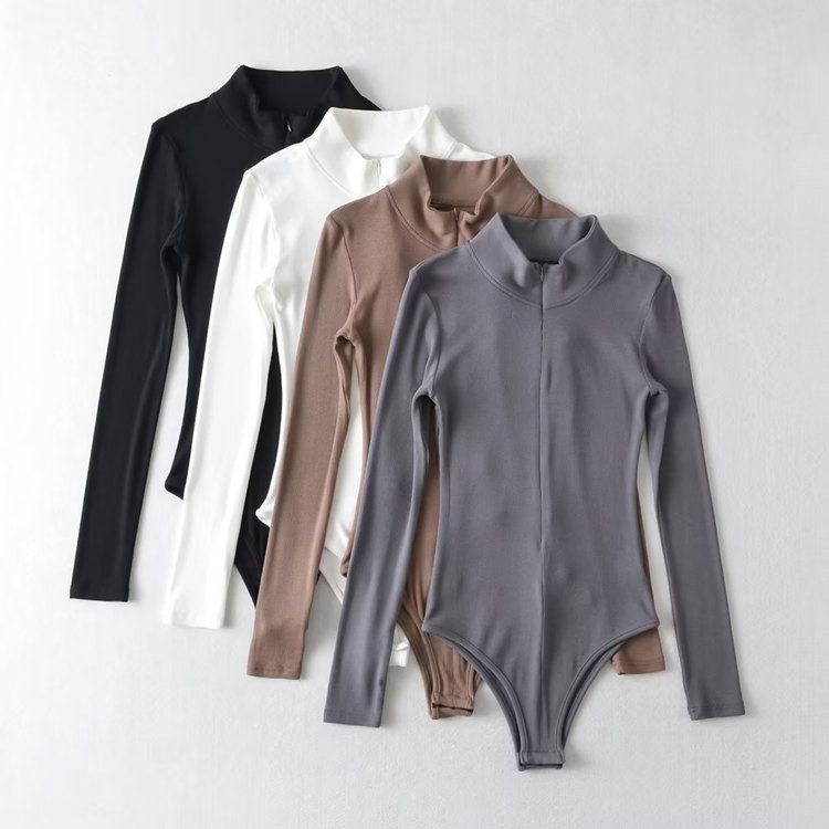 欧美风修身显瘦拉链款立领长袖连体衣女打底衫四季款纯色连身T恤