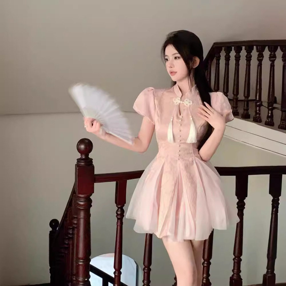新中式国风改良旗袍短袖连衣裙子女夏季高级感气质收腰仙女蓬蓬裙