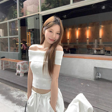 白色法式一字领弹力针织衫短袖衬衫女夏季新款甜美风修身短款上衣