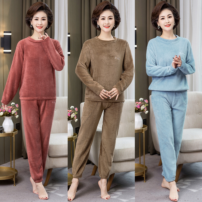 睡衣女秋冬珊瑚绒妈妈暖暖套装法兰绒长袖家居服保暖加绒加厚新款