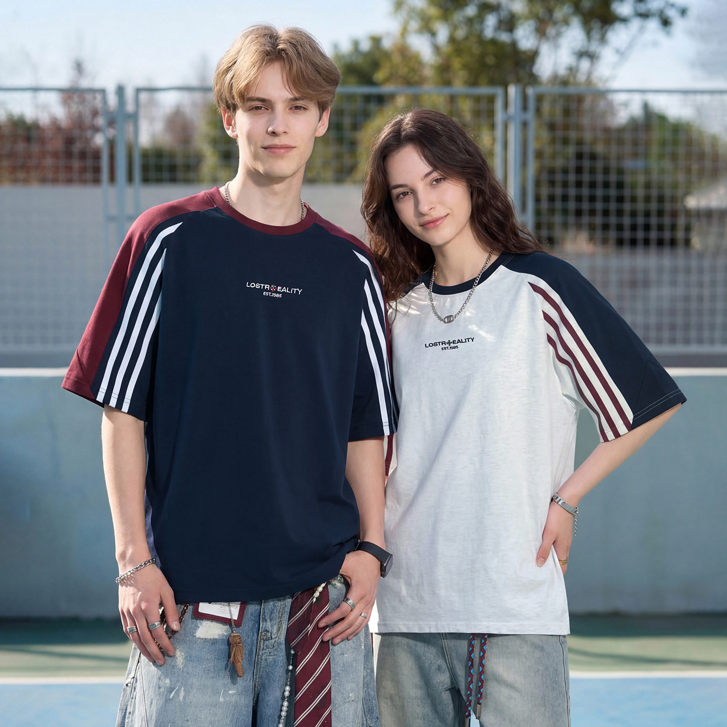 FEI OREETA男夏美式撞色拼接运动短袖复古条纹宽松休闲半袖体恤衫