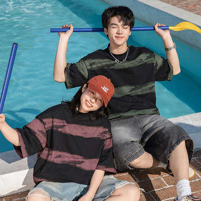 美式复古扎染条纹短袖宽松型撞色