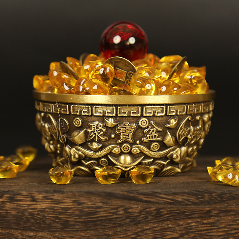 黄铜如意五福聚宝盆招财摆件