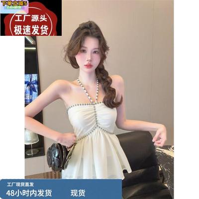 镶钻雪纺吊带背心女夏季泰式甜辣妹一字肩挂脖抹胸小上衣独特绝美