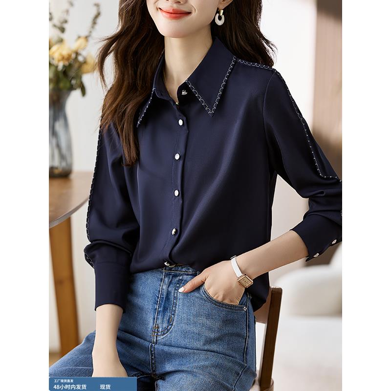 上衣女时尚洋气时髦轻奢高级感2025秋爆款休闲翻领雪纺衫开衫衬衫