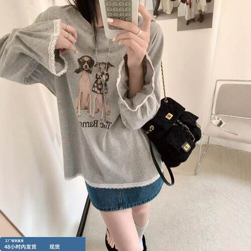 春装女士独特好看的灰色宽松韩版慵懒风长袖t恤女2026新款打底衫