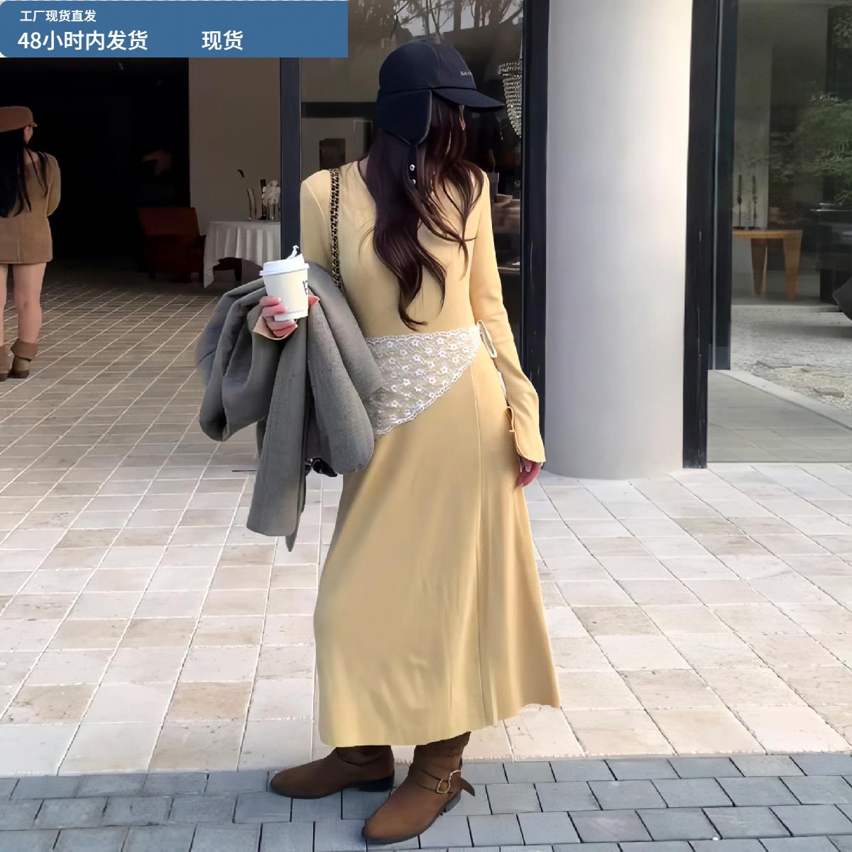 简约洋气黄色V领长袖连衣裙女秋季新款气质修身显瘦内搭打底长裙