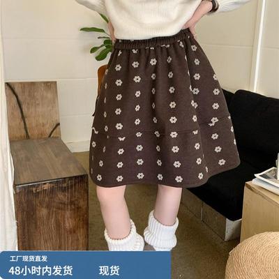 复古花朵咖色毛呢半身裙女秋冬大码胖mm高腰显瘦短款A字花苞裙子