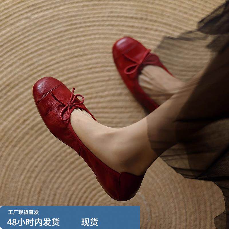 气质真皮法式覆古蝴蝶结柔软平底芭蕾舞鞋奶奶单鞋女2025春夏新款