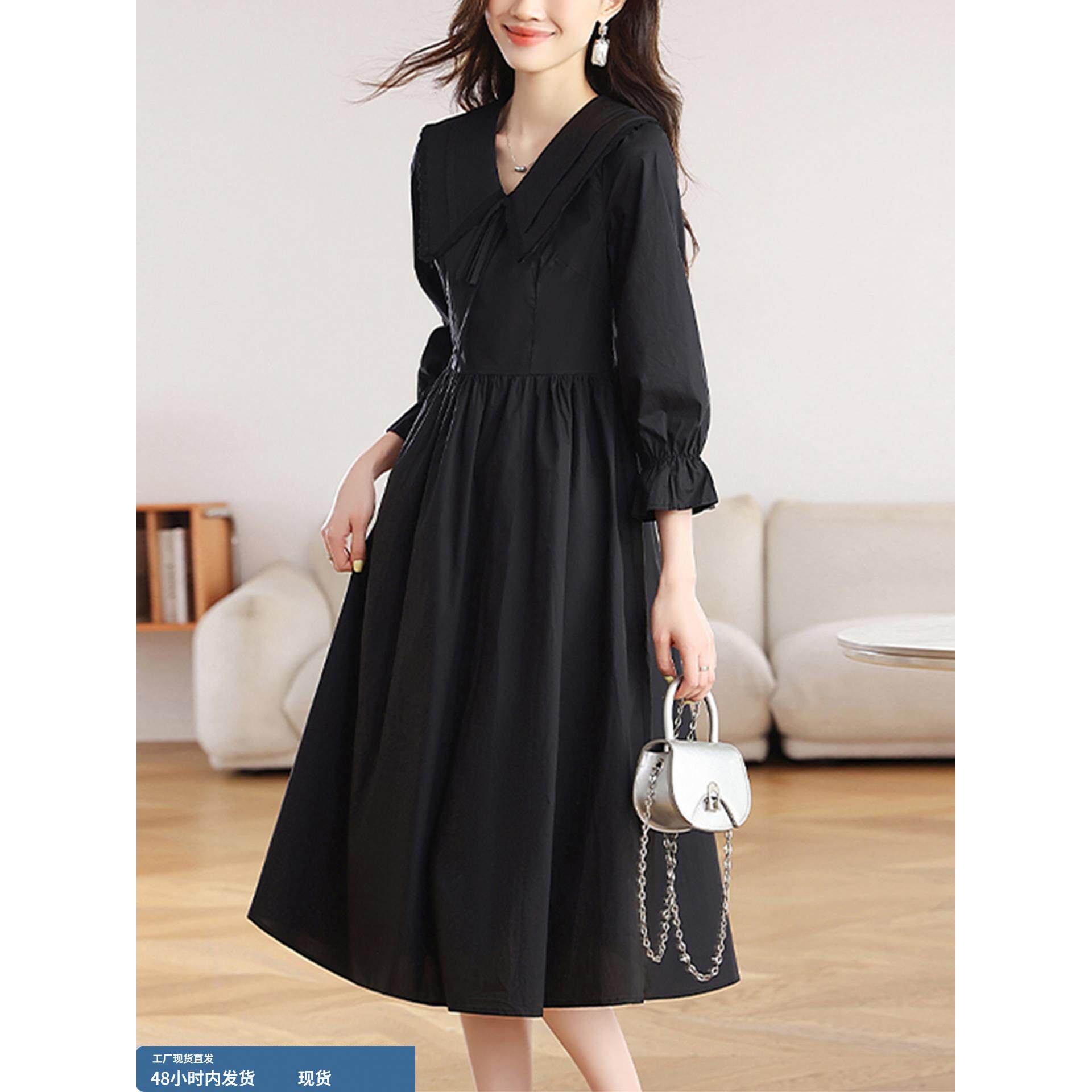 法式赫本风长袖连衣裙子女早秋季2025新款高级感气质收腰显瘦长裙