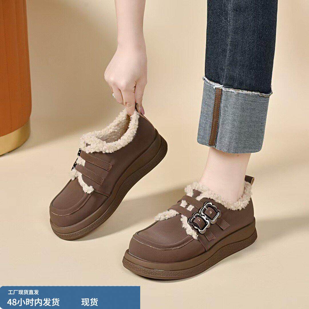真皮软底勃肯鞋加绒单鞋2025冬季新款保暖棉鞋厚底雪地靴女毛毛鞋