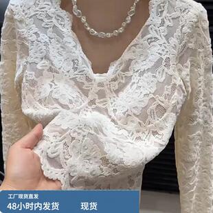 时髦小众不撞款 巨好看 新款 t恤女2026春季 上衣潮 v领蕾丝拼接长袖