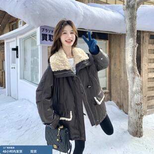 咖色复古羊羔毛大翻领皮衣派克羽绒服女冬季2025新款白鸭绒皮夹克