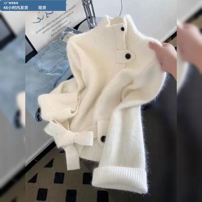 韩系慵懒风白色半高领绑带针织衫上衣女冬季宽松加厚软糯毛衣外套