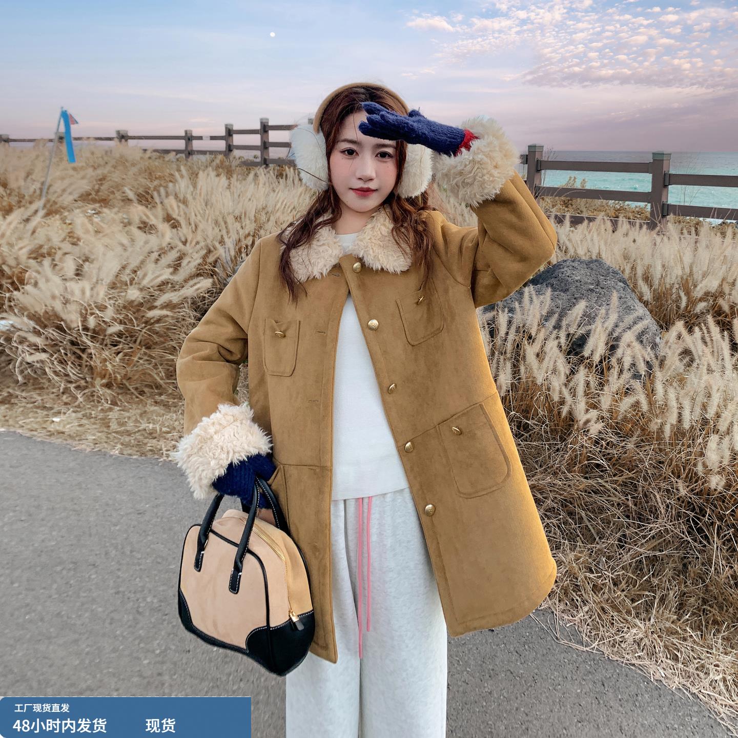 时尚复古风加绒加厚皮毛一体外套女秋冬季2025年新款韩系chic棉服