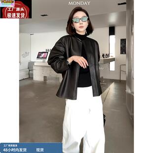 今年流行爆款高级感赫本风薄款黑色圆领机车皮衣夹克外套女2025春