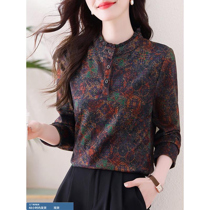 广州十三行女装2025新款大码爆款高端秋时尚印花宽松立领百搭衬衫