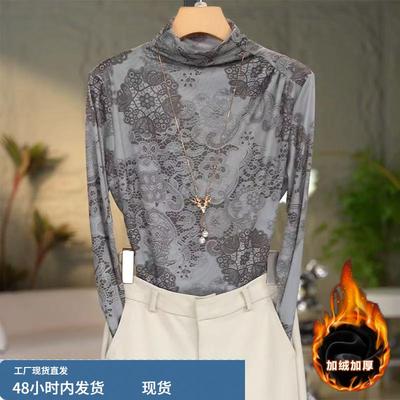 半高领网纱打底衫女秋冬2025年新款今年流行爆款加绒加厚内搭上衣
