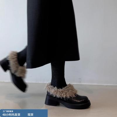 韩版加绒粗跟英伦风小皮鞋女2025秋冬新款玛丽珍毛毛鞋子高跟棉鞋