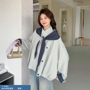 大衣 可拆卸连帽小个子时尚 韩系撞色格纹风衣短外套女2026春季 新款